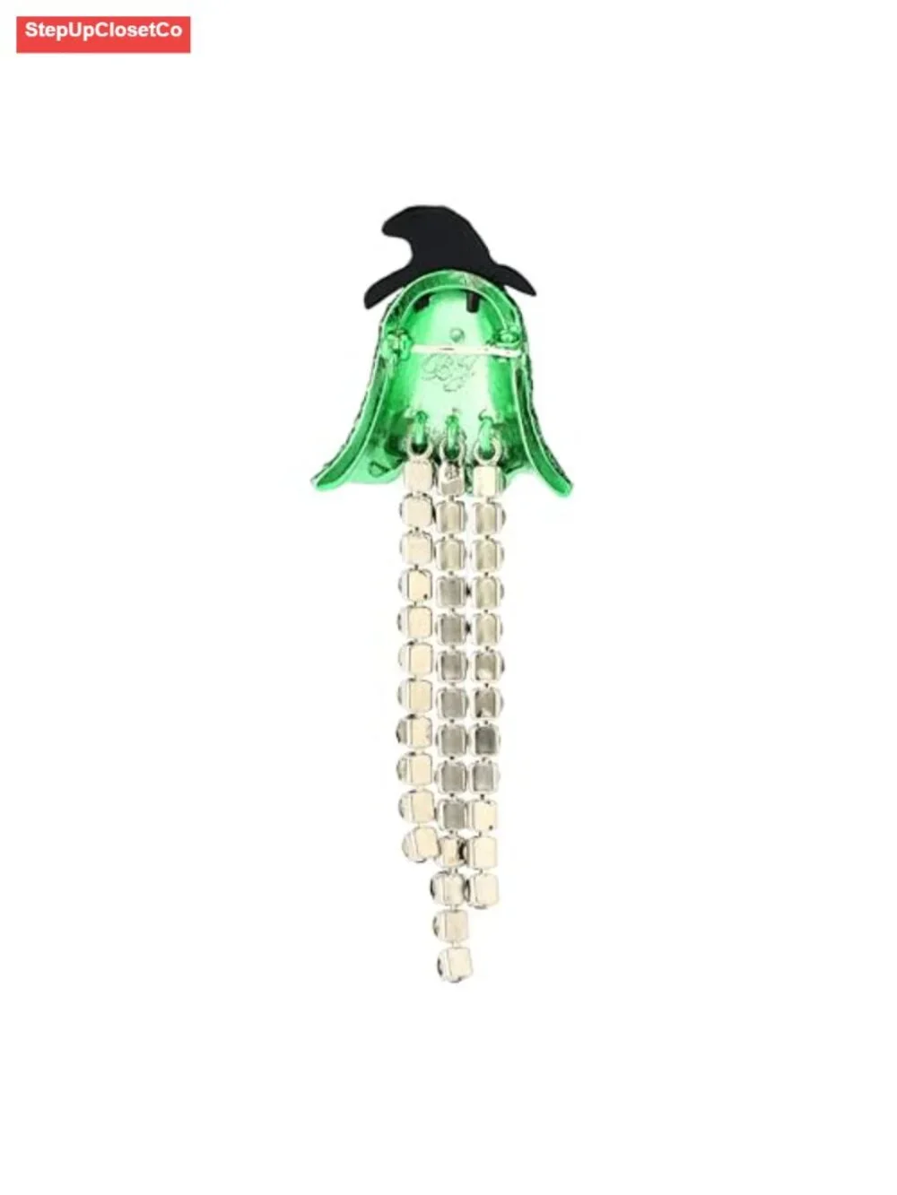 Halloween Witch Ghost Fringe Brooch Pin Green Glitter Jewelry